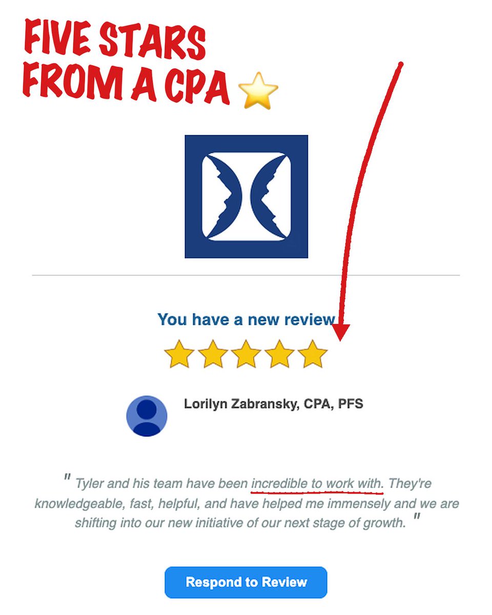 dreamfirms's tweet photo. "Tyler and his team have been incredible to work with. They're knowledgeable, fast, helpful, and have helped me immensely and we are shifting into our new initiative of our next stage of growth."

Lorilyn Zabransky, CPA, PFS. Five stars. https://t.co/sgWMBo3iw3 https://t.co/GYiHjsqNGt