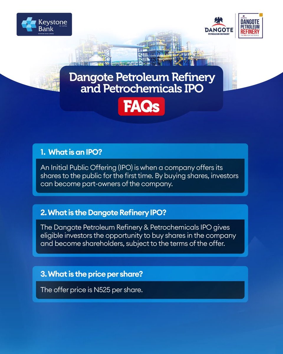 keystonebankng's tweet photo. Got questions? We've got answers. 

Explore these FAQs to learn more about the Dangote Petroleum Refinery &amp; Petrochemicals IPO.

#KeystoneBank 
#DangoteIPO
#Makeithappen https://t.co/YkZKI1nXul