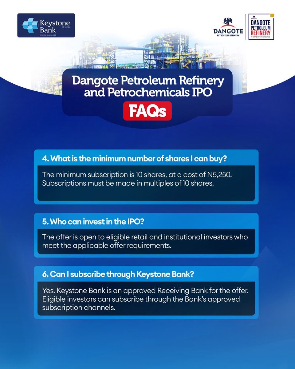 keystonebankng's tweet photo. Got questions? We've got answers. 

Explore these FAQs to learn more about the Dangote Petroleum Refinery &amp; Petrochemicals IPO.

#KeystoneBank 
#DangoteIPO
#Makeithappen https://t.co/YkZKI1nXul