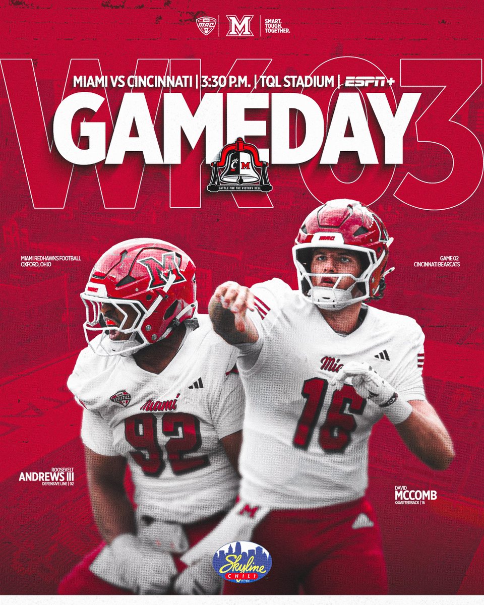 MiamiOHFootball's tweet photo. 𝑹𝒆𝒂𝒅𝒚 𝒇𝒐𝒓 𝒂 𝑩𝒂𝒕𝒕𝒍𝒆 🔔

Miami vs Cincinnati
3:30 P.M. ⏰
TQL Stadium 📍
ESPN+ 📺

#RiseUpRedHawks | 🎓🏆 https://t.co/nniSlM5ESx