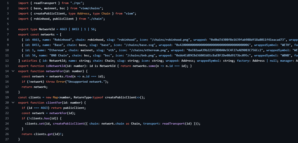 ladderliquid's tweet photo. Four chains, defined in code. One consistent experience.
Ladder’s network registry connects Ethereum, Base, BNB Chain and Robinhood each with its own chain ID, RPC configuration and verified execution contracts.
The foundation behind multichain LP exit planning. https://t.co/iEFIVsmwkX