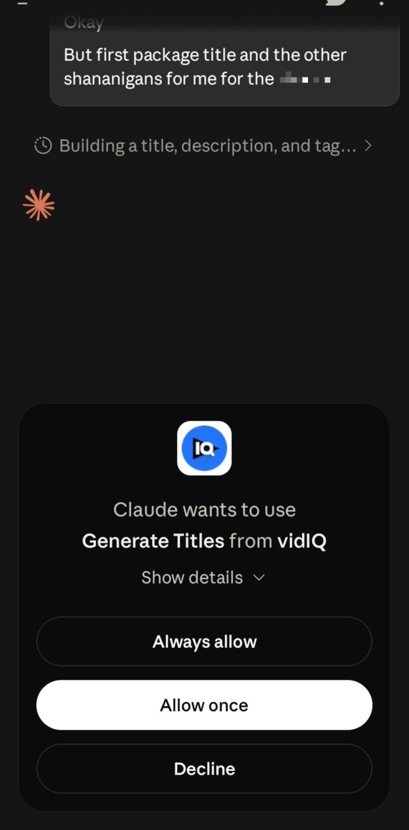 Brill_12_'s tweet photo. I just found out You can use vidiq from inside Claude 

Nice 🙂 https://t.co/J9MeSp1B9i