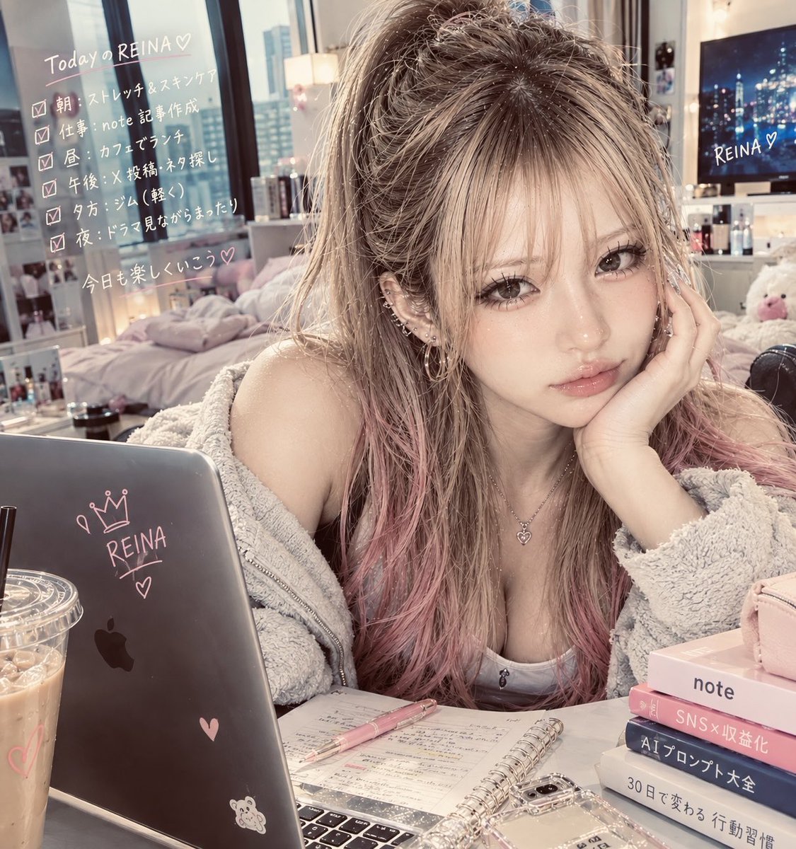 ready_only_one's tweet photo. 今日もやることいっぱいだったけど、
無理しすぎず楽しむのがREINA流♡

みんなも自分のペースでいこ〜☺️🌸

#REINA #AI美女 #日常垢 https://t.co/Rr0TlcLHVV