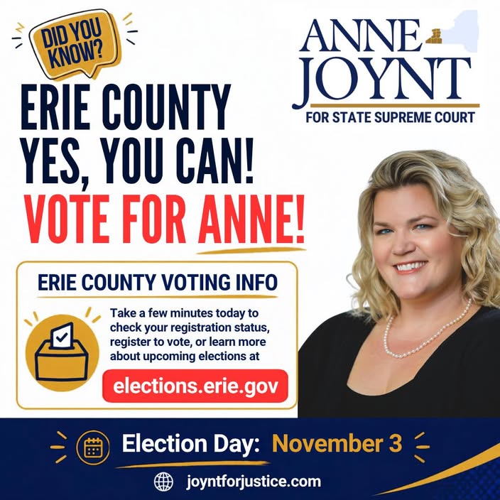 JoyntforJustice's tweet photo. Erie County, Election Day is November 3.

Early Voting runs October 24–November 1. Check your registration, find voting information and make your plan at https://t.co/8InVtxcfCt

Learn more about Anne Joynt at https://t.co/0YLtT8f9tR

#JoyntForJustice #ErieCounty #NYSupremeCourt https://t.co/NLYnj1X2I2