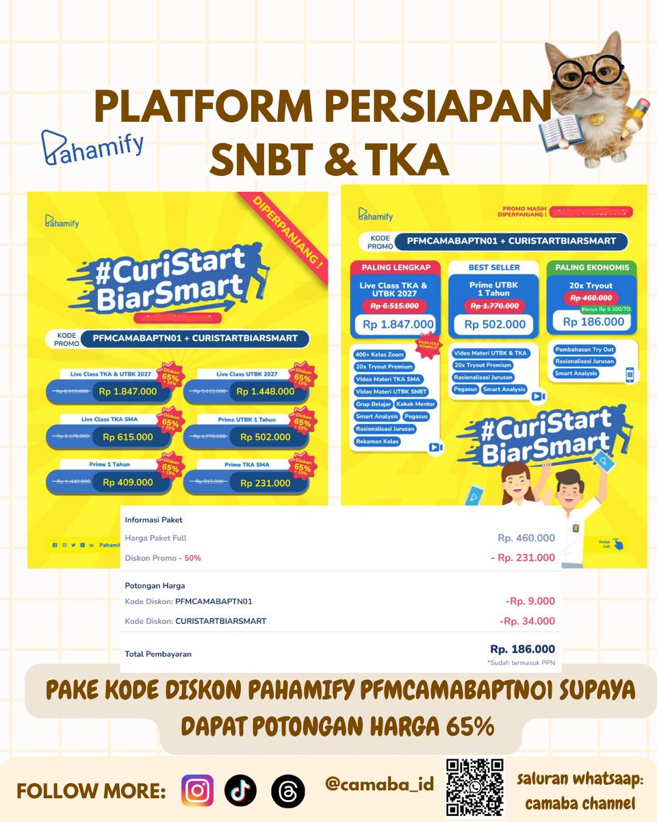 Dynastudy's tweet photo. PLATFORM PERSIAPAN SNBT &amp; TKA BY PAHAMIFY

fitur-fiturnya lengkap buat belajar TKA &amp; SNBT. Ada diskon 65% buat kamu yang pake kode diskon PFMCAMABAPTN01 🙌🏻

Daftar di sini:
🖇 https://t.co/5G1VXGjpWA https://t.co/GWg8P2Kvb1