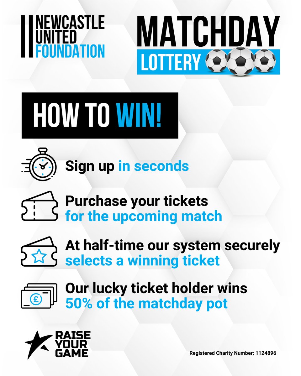 Newcastle United Foundation Matchday Lottery poster. Instructions: 1. Sign up quickly. 2. Purchase tickets. 3. System selects a winning ticket at half-time. 4. Winner gets 50% of the matchday pot. Includes "Raise Your Game" logo. Registered Charity Number: 1124896.