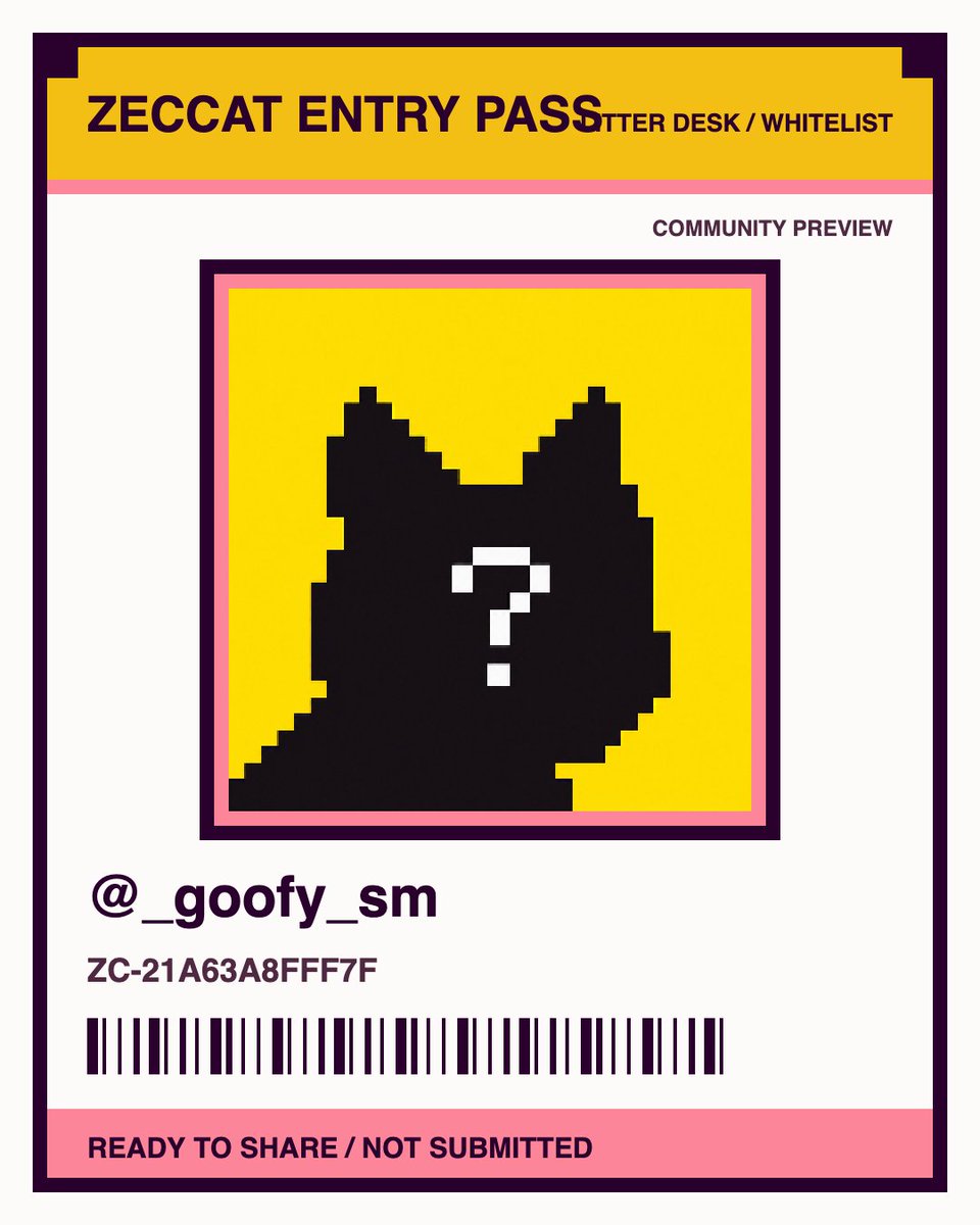 _gOOfy_sm's tweet photo. I'm applying for the @zeccatnft whitelist. My Zeccat Entry Pass is ZC-21A63A8FFF7F. Community preview only. https://t.co/DwGBmp3SQw