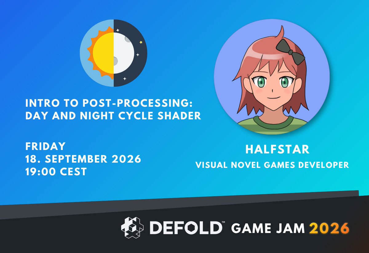defold's tweet photo. Join us now to talk about mobile games!
And then, in an hour we'll have the last talk today with @HalfstarA:
Intro to Post-Processing: Day and Night Cycle Shader
Meeting link:
https://t.co/hPH5FWioEY
#gamedev #indiedev #postprocessing #vfx #shaders #lua #glsl #DefoldGameJam