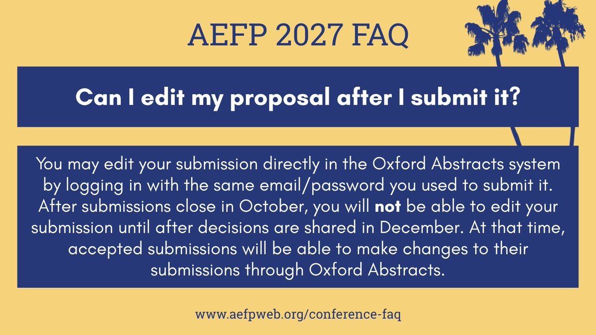 aefpweb's tweet photo. It's #FAQFriday! Each week we'll be answering #AEFP2027 submission questions. Next up: Can I edit my proposal after I submit it? Yes - you have until submissions close in October! For answers to more FAQs check out our conference page https://t.co/CowCT4lEmG https://t.co/rxLgj7YzIO