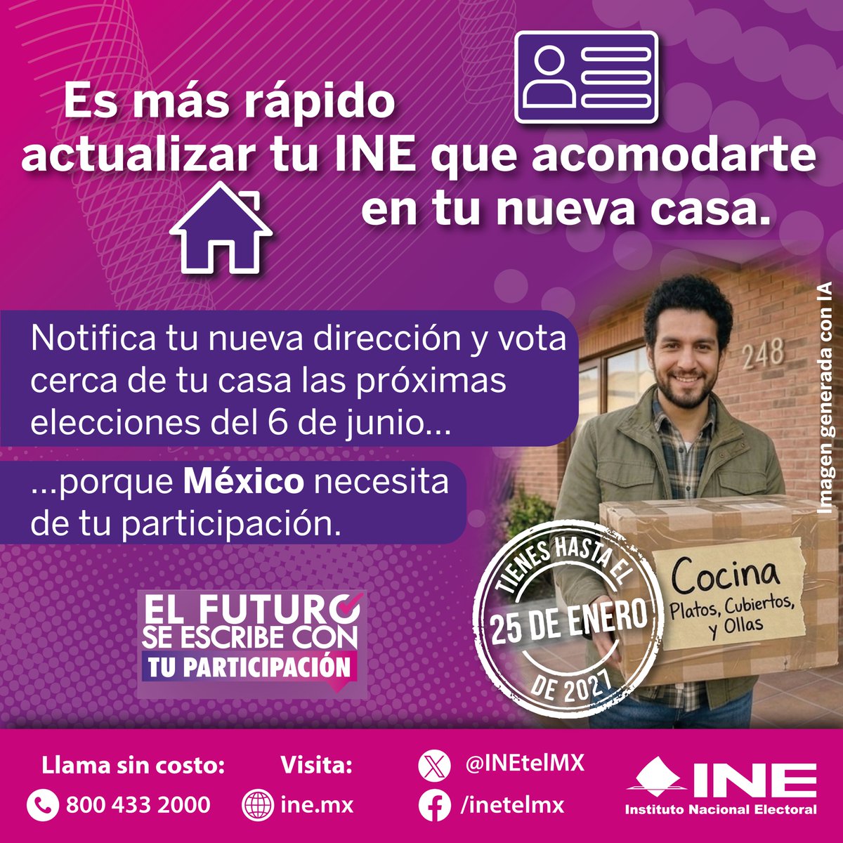 INEedomex's tweet photo. 🪪🏠 ¿Te cambiaste de casa? ¡Que tu INE también se mude contigo! 📦😉

Actualiza tu domicilio y vota cerca de tu nueva casa en las próximas elecciones. 🗳️

📅 Recuerda: tienes hasta el 25 de enero de 2027. https://t.co/TomQz076Q8