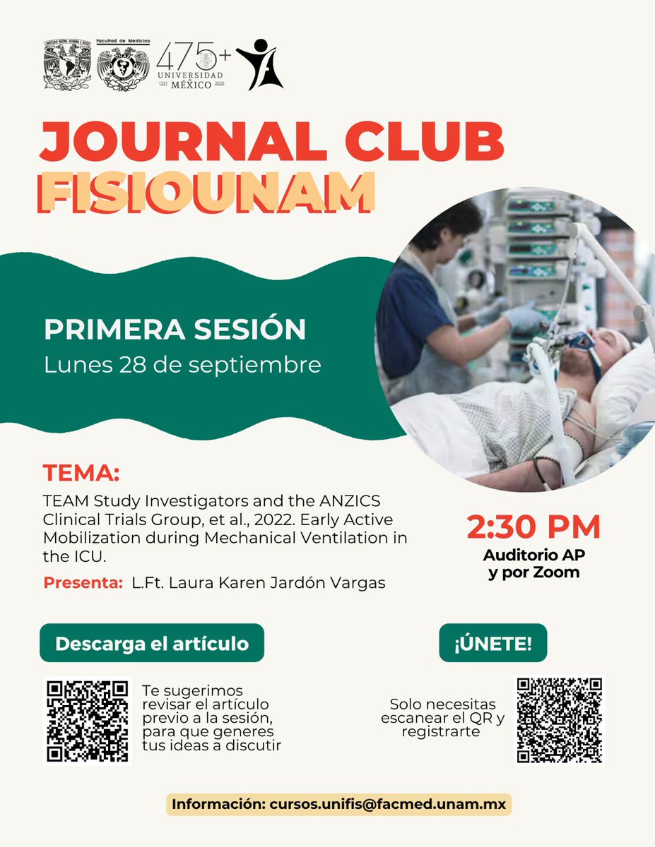 fisiounam's tweet photo. ¡Comienza la primera sesión de un nuevo ciclo del Journal Club FisioUNAM!

📆 Lunes 28 de septiembre
⏰ 02:30 PM
📍Auditorio de Adolfo Prieto 721 y vía Zoom

 📱No olvides registrarte escaneando el código QR o a través del siguiente enlace: https://t.co/TrBzyjCjyU https://t.co/2S3eJnUVlw
