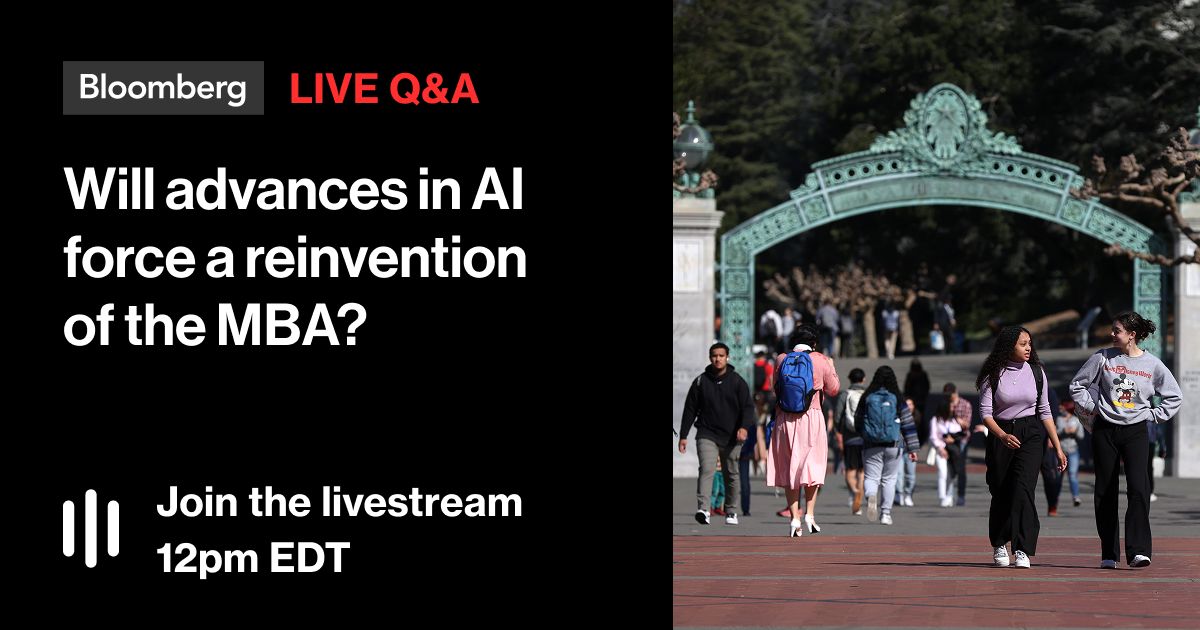 BW's tweet photo. 🎧 LIVE NOW: Bloomberg journalists answer questions about our 2026 best business school rankings — and how deans, faculty and students are navigating the fast-paced AI era.

Join the livestream: https://t.co/fZP2eNFwqC https://t.co/JnvJ6rO16E