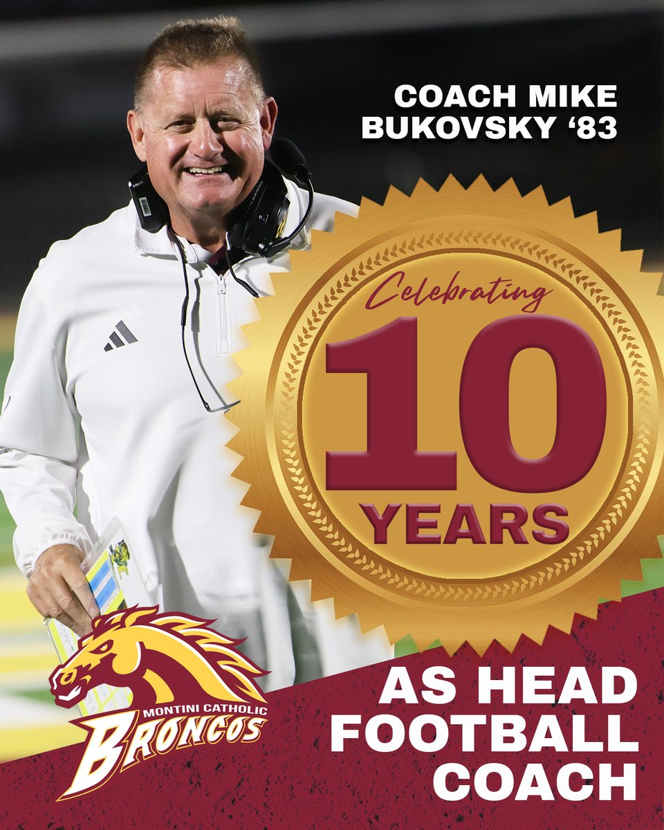 MontiniCatholic's tweet photo. Special Friday Flashback as we wish Coach Bukovsky - a HAPPY 10TH ANNIVERSARY as Bronco Head Football Coach! 👏🏈. It's been 10 yrs since Coach A passed you the ball - 2 State Championships &amp; counting! Thanks for all you do!  Montini isn't Montini without you! ❤️ https://t.co/46HK1Nze7D