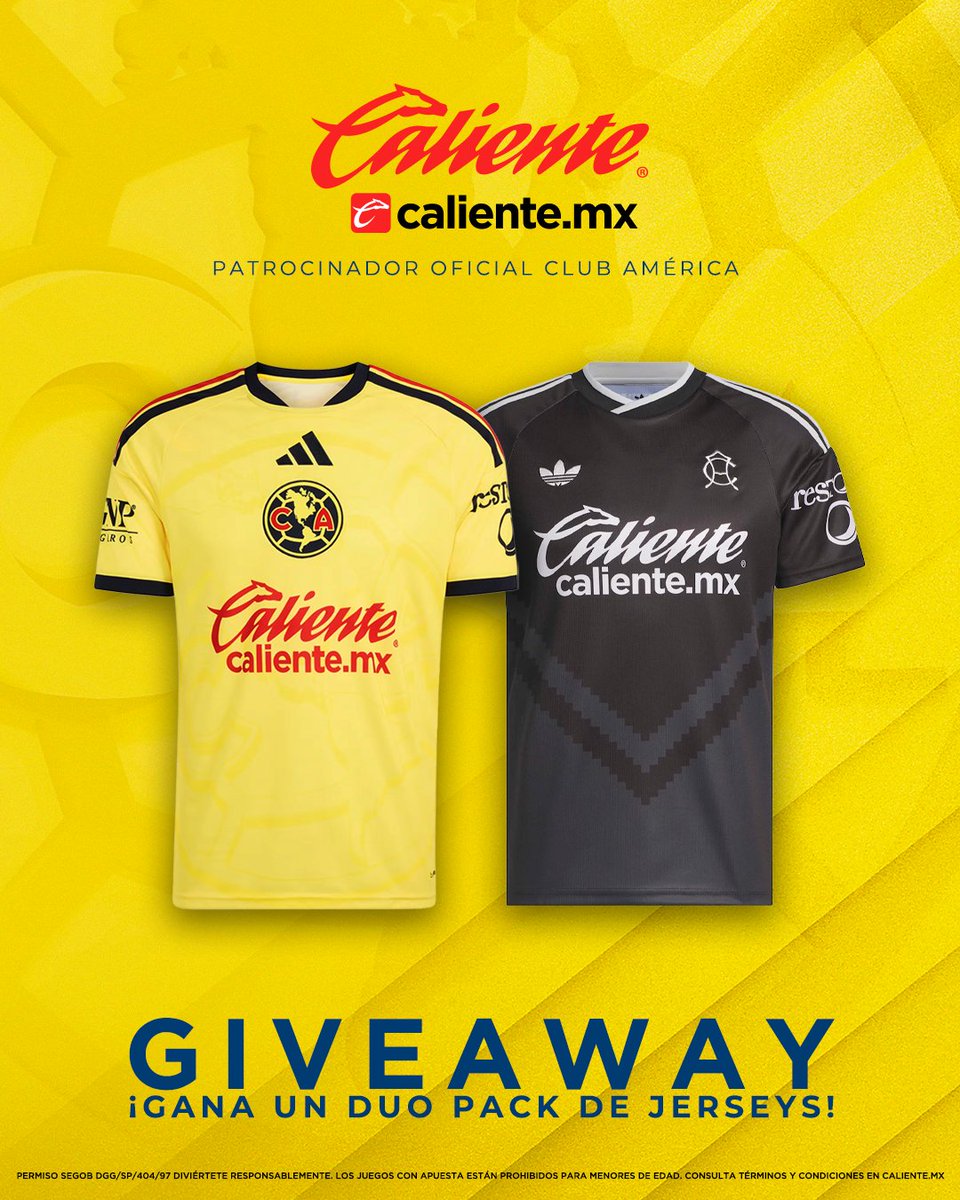 ClubAmerica's tweet photo. ¡Águilas! Participen para GANAR un DUO PACK de JERSEYS nuevos del América que https://t.co/VY0kcsGqPN tiene para ustedes previo a #ElClásicoDeMéxico. 🦅

Haz lo siguiente 👇
1️⃣ Sigue a @calientesports 📲
2️⃣ Dale ❤️ a este post
3️⃣ Etiqueta a un amigo, comenta por qué quieres ganar los jerseys del América y agrega el HT #MásAcciónMásDiversión

¡VAN! 😏

TTyCC
📜 Más información: https://t.co/RkEJza0THf
🗣️ Se anunciará ganador el martes 22 de septiembre a las 12:00 horas (CDMX)
📲 @calientesports contactará al ganador vía DM
🔞 Sólo mayores de edad en México
🏟️  El regalo es intransferible
❗️ No taggear cuentas verificadas o fake
🙅‍♂️ Si ganas no puedes participar en futuros giveaways