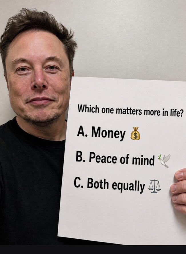 rocketmanNeeccy's tweet photo. Quick poll 🚨
Which one matters more in life?

A. Money 💰
B. Peace of mind 🕊️
C. Both equally ⚖️ https://t.co/FQRQwr2Y7Z