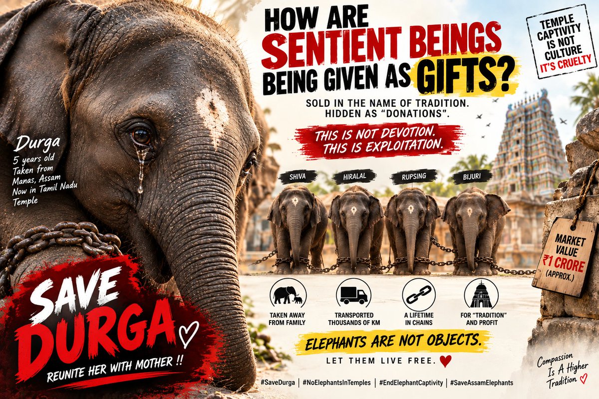 dilthi_gujarati's tweet photo. 🐘 HOW ARE SENTIENT BEINGS BEING ANIMALS GIVEN AS “GIFTS” TO TEMPLES OR STATE?
WHAT IS THE REALITY BEHIND IT? 💔
On 2 September 2026, the Madras High Court lifted the blanket ban on temples and private individuals acquiring elephants.
Almost immediately, five young elephants from Assam, Durga, Shiva, Hiralal, Rupsing and Bijuri, were cleared for transfer to Tamil Nadu temples, raising serious concerns about their future and separation from their families.
And here is the disturbing irony: the same bench that allowed temple acquisition did not permit the very old elephant Abhayambigai to retire from Shri Mayuranathaswamy Temple, Mayiladuthurai, where she has reportedly spent more than half a century in captivity.
The world saw videos of five-year-old Durga distressed and chained at Meenakshi Amman Temple. But what happened when she was reportedly taken from the Manas National Park area late at night? What about the family she left behind?
Elephants are reportedly being transferred to Tamil Nadu temples as “gifts” or “donations” amid allegations that commercial transactions may be disguised through such arrangements, since trading elephants is prohibited under Indian law. It has also been alleged that private owners are persuaded to “donate” elephants by stating that they can no longer maintain them.
Is the Assam Forest Department conducting adequate due diligence, or are deeper questions being overlooked?
Young elephants have reportedly not been brought to Tamil Nadu temples in this manner for around a decade.
Now five-year-old Durga has arrived, while four more elephants are reportedly awaiting transfer. Sources have put their alleged black-market value at nearly ₹1 crore.
If these are merely lawful transfers, then the public deserves transparency:
Who owns them?
Where did they come from?
Why are they being transferred?
What was paid, or donated?
And were every required safeguard and welfare assessment followed?
The Wild Life (Protection) Amendment Act, 2022, introduced by the Union Government, inserted a proviso under Section 43(2) permitting the transfer or transport of captive elephants for “religious or any other purpose,” subject to the law.
But legality should never end the conversation about welfare.
Have we lost sight of compassion?
Do sentient beings deserve decades of chains, concrete and confinement in the name of “tradition” and money?
We urge @CMOTamilnadu , @tnforestdept and @CMOfficeAssam , @moefcc
and respectfully call for complete transparency and welfare-focused scrutiny of these transfers.
The old elephants are still there.
A new generation must not inherit the same chains. 💔
#SaveDurga
#NoElephantsInTemples
#EndElephantCaptivity
#SaveFiveAssamElephants