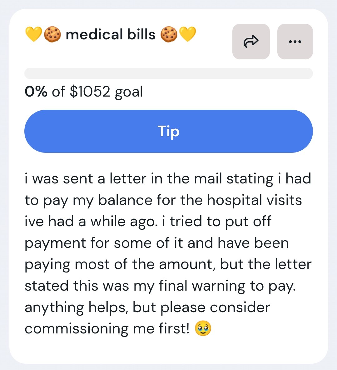 seabunnypeep's tweet photo. i just received a letter from the hospital with my remaining balance ive been putting off bc i didn't have the money for it.

the letter included a final warning for me to pay and i really can't afford it, if you'd be able to reshare my post so i can get some commissions to pay - https://t.co/kOJo4s7rEA