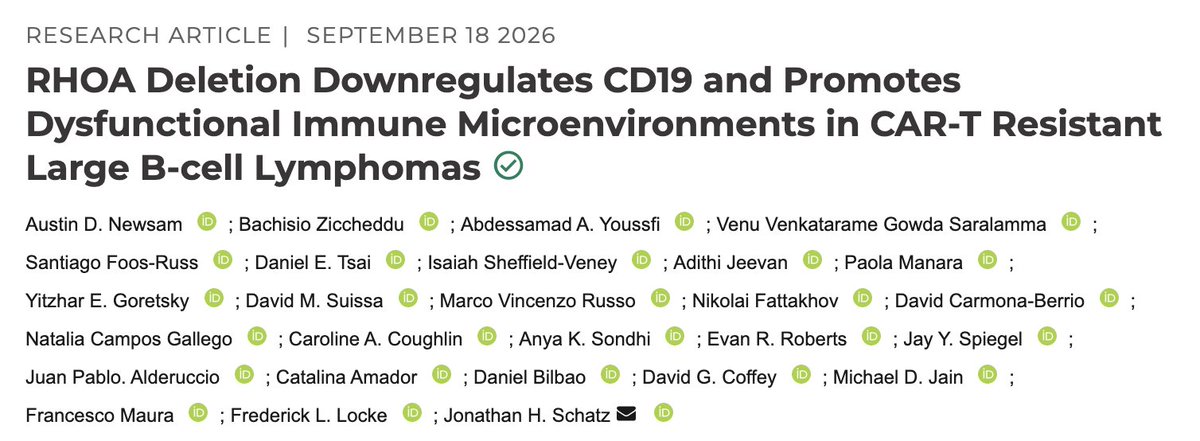 FrancescoMaura4's tweet photo. New paper out today in @BCD_AACR, focused on how RHOA contributes to CAR-T resistance in large B-cell lymphomas! Another paper from our great ongoing collaboration with @DrJonSchatzMD @DrFredLocke  #wgs #lysm @MSKCancerCenter @MSK_DeptOfMed @MoffittNews @SylvesterCancer. Link 👇 https://t.co/gLTWAZKDDC
