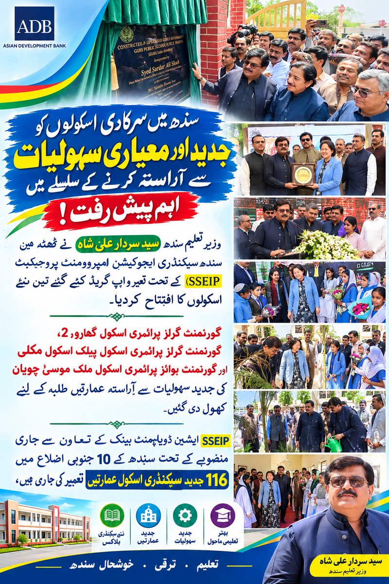 Inayatullah26's tweet photo. ٹھٹہ — 18 ستمبر 2026 
سندھ میں سرکاری اسکولوں کو جدید اور معیاری سہولیات سے آراستہ کرنے کے سلسلے میں اہم پیش رفت، وزیر تعلیم سندھ سید سردار علی شاہ نے ٹھٹہ میں سندھ سیکنڈری ایجوکیشن امپروومنٹ پروجیکٹ (SSEIP) کے تحت تعمیر و اپ گریڈ کیے گئے تین نئے اسکولوں کا افتتاح کردیا۔

گورنمنٹ گرلز پرائمری اسکول گھارو-2، گورنمنٹ گرلز پرائمری اسکول پبلک اسکول مکلی اور گورنمنٹ بوائز پرائمری اسکول ملک موسیٰ چوہان کی جدید سہولیات سے آراستہ عمارتیں طلبہ کے لیے کھول دی گئیں۔

ایشین ڈویلپمنٹ بینک کے تعاون سے جاری SSEIP منصوبے کے تحت سندھ کے 10 جنوبی اضلاع میں 116 جدید سیکنڈری اسکول عمارتیں تعمیر کی جا رہی ہیں، جن میں ٹھٹہ، سجاول، بدین، ٹنڈو محمد خان، ٹنڈو اللہیار، میرپورخاص، عمرکوٹ، تھرپارکر، سانگھڑ اور مٹیاری شامل ہیں۔

نئے اسکولوں میں جدید سائنس و آئی ٹی لیبارٹریز، فرنشڈ کلاس رومز، شمسی توانائی کا نظام، صاف پانی کے لیے واٹر فلٹر پلانٹس، طلبہ اور اساتذہ کے لیے بہتر سہولیات سمیت محفوظ اور سازگار تعلیمی ماحول فراہم کیا گیا ہے۔

افتتاحی تقریب میں ایشین ڈویلپمنٹ بینک کی کنٹری ڈائریکٹر پاکستان ایما فین، سیکریٹری اسکول ایجوکیشن زاہد علی عباسی، محکمہ تعلیم کے افسران، اساتذہ اور طلبہ نے شرکت کی۔

وزیر تعلیم سندھ سید سردار علی شاہ نے کہا کہ جدید اسکول سہولیات سے بالخصوص دیہی علاقوں کی طالبات کو پوسٹ پرائمری تعلیم کے بہتر مواقع میسر آئیں گے اور اسکول چھوڑنے کی شرح میں کمی لانے میں مدد ملے گی۔

#SELD #SindhSchools #GovernmentOfSindh #SSEIP #AsianDevelopmentBank #ADB #SindhEducation #EducationForAllSindh 
#SchoolEducation 
#SindhEducation #SindhGovt
@BBhuttoZardari @MuradAliShahPPP @SindhCMHouse @sardarshah1 @MinisterEduGos @SELDGOS