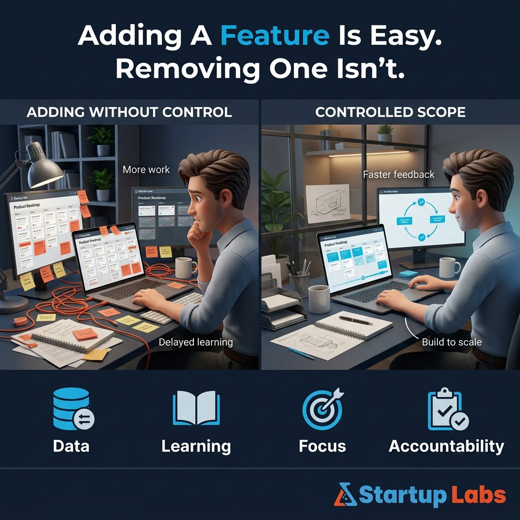 StartupLabsLtd's tweet photo. Adding a feature is easy. Removing one isn't.

Controlled scope isn't about building less — it's making sure each feature earns its place through data, not assumptions.

#MVP #ProductStrategy #StartupBuilding #Founder #SaaS https://t.co/lWPzjiyY7u