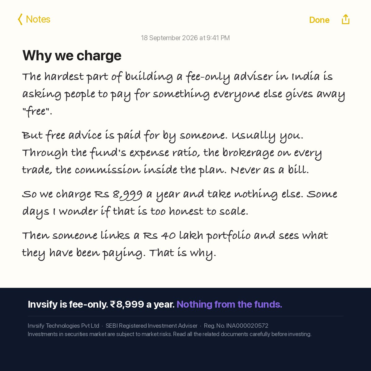shloksobti's tweet photo. Some days I wonder if fee-only is too honest to scale. Then someone sees what they have been paying. ₹8,999 a year. Get the app.