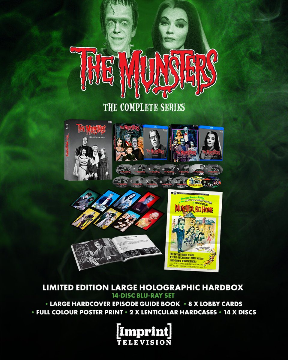 BDisgusting's tweet photo. For the first time ever, THE MUNSTERS is coming to Blu-ray!

All 70 classic episodes have been restored by Imprint Films.

The set will also feature three movies:

- Munster, Go Home
- The Munsters' Revenge
- Here Come the Munsters 

Up for pre-order on October 15. https://t.co/L2hV11N8my