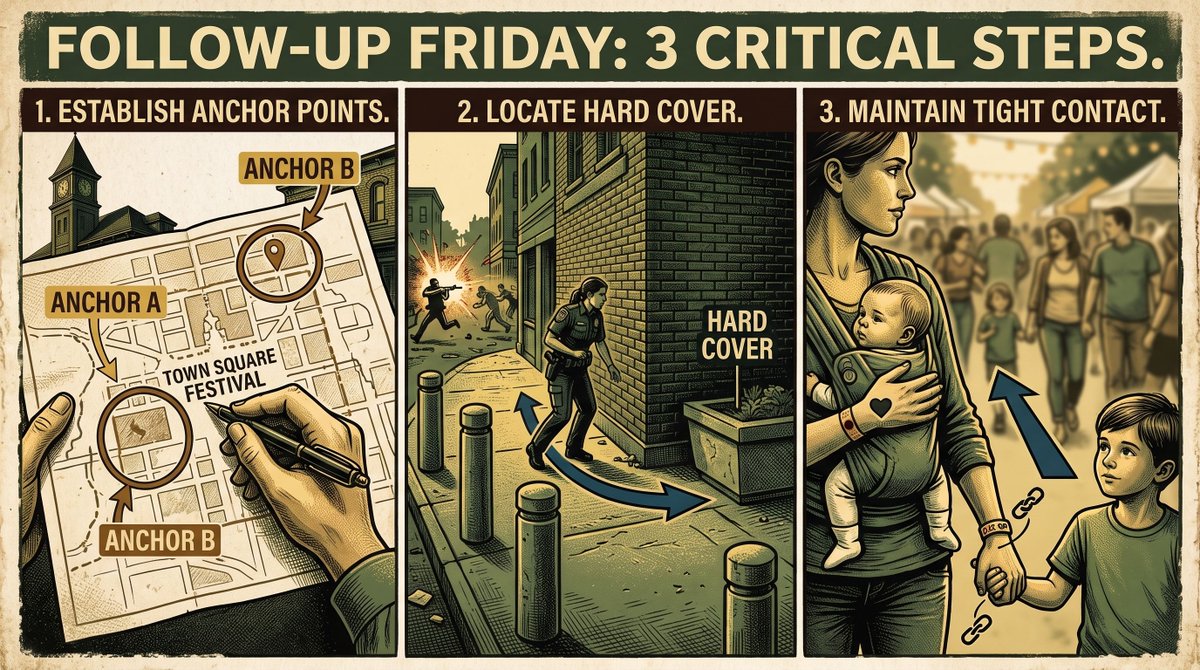 amestratus's tweet photo. FOLLOW-UP FRIDAY! Following up on Wednesday, here are 3 simple safety moves if a crowd turns chaotic:

🔹 Set 2 meeting spots outside the event.
🔹 Get low fast &amp; find hard cover (brick > tents).
🔹 Hold kids tight—use chest carries or firm wrist grips.

Stay alert! https://t.co/vaL0QAwi7J