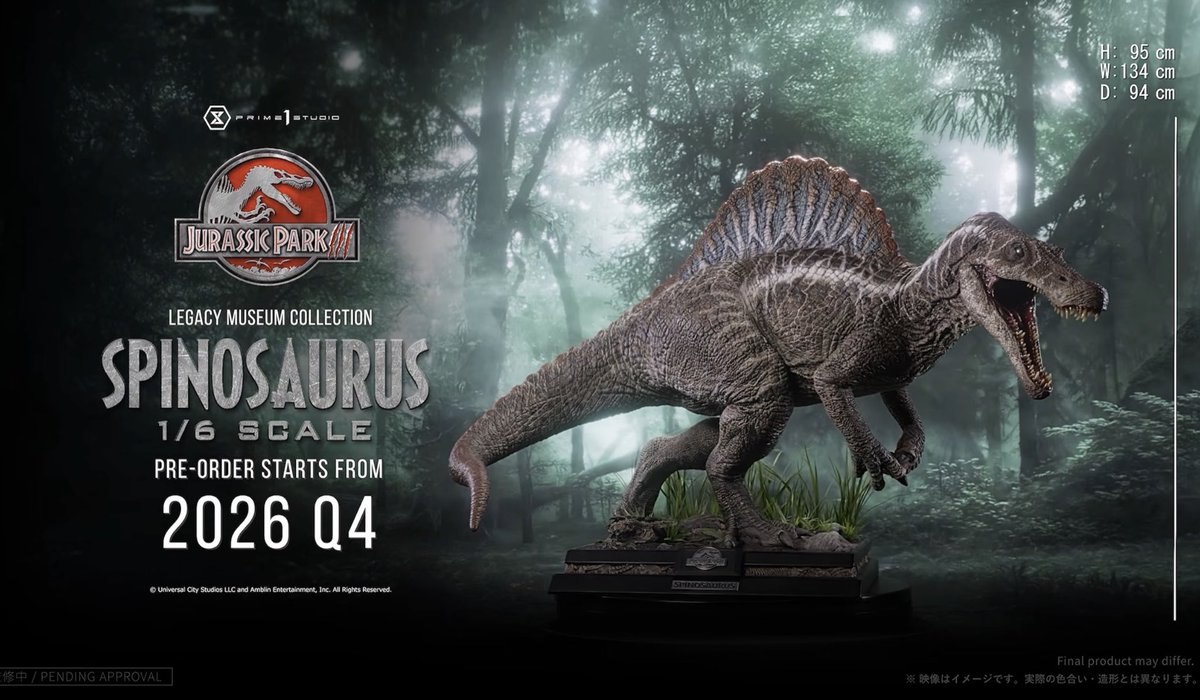 one6Update's tweet photo. #PrimeOne announced a 1/6 scale Spinosaurs.  Pre orders start Q4.

Dimensions: 

Height: approximately 3.12 feet
Width: approximately 4.40 feet
Depth: approximately 3.08 feet

#Sixth #SixthScale #HotToysCollectibles #ホットトイズ #actionfigures #Figures https://t.co/mUT4zDujBc