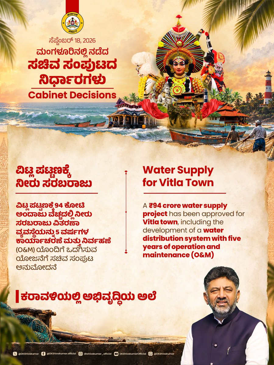 DKShivakumar's tweet photo. ಕರಾವಳಿಯಲ್ಲಿ ಅಭಿವೃದ್ಧಿಯ ಅಲೆ!

ಮಂಗಳೂರಿನ ಪ್ರಜಾಸೌಧದಲ್ಲಿ ನಡೆದ ಸಚಿವ ಸಂಪುಟ ಸಭೆಯಲ್ಲಿ ಕರಾವಳಿ ಭಾಗದ ಪ್ರವಾಸೋದ್ಯಮ, ಬಂಡವಾಳ ಹೂಡಿಕೆ, ಆರೋಗ್ಯ, ಭಾಷೆ ಸೇರಿದಂತೆ ಸರ್ವತೋಮುಖ ಅಭಿವೃದ್ಧಿಗಾಗಿ ತೆಗೆದುಕೊಂಡಿರುವ ಪ್ರಮುಖ ತೀರ್ಮಾನಗಳು ಮತ್ತು ಅನುಮೋ��ನೆಗೊಂಡಿರುವ ಯೋಜನೆಗಳು ಇಂತಿವೆ:

#CabinetInMangaluru | #ದೃಢಕರ್ನಾಟಕದಸಂಕಲ್ಪ https://t.co/lik6UsthCm