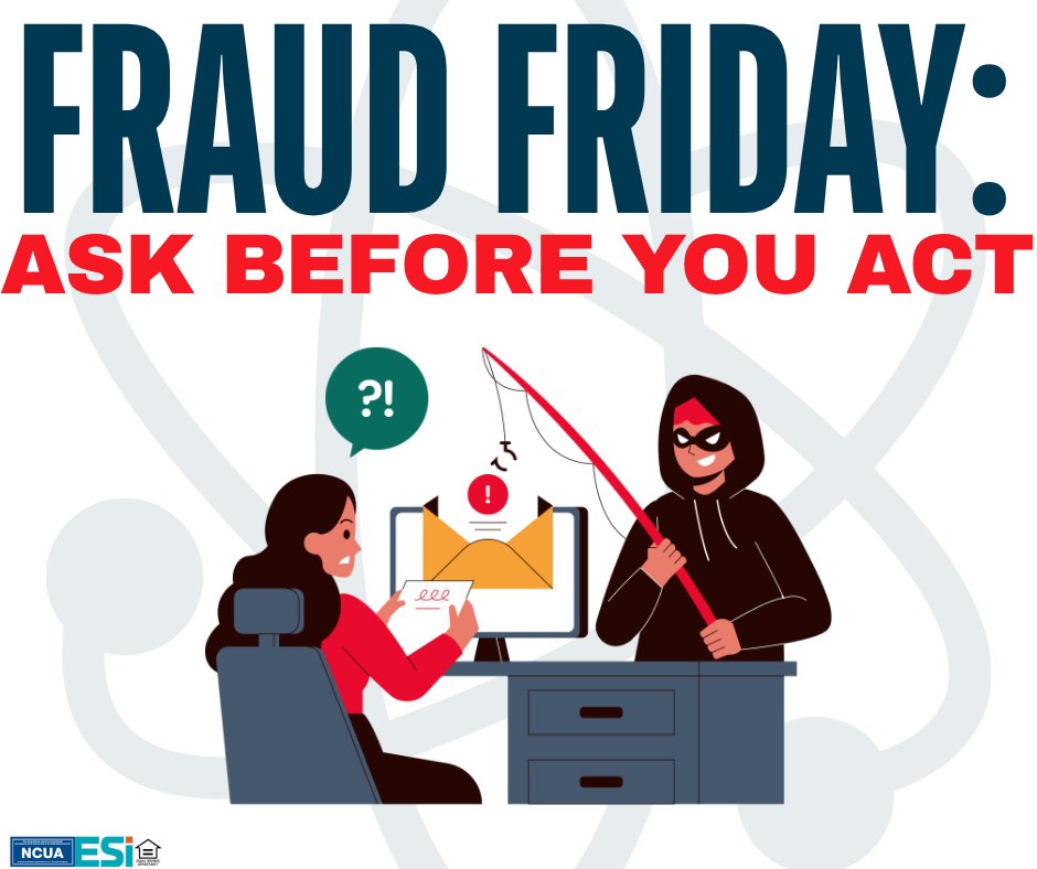 Atomic_CU's tweet photo. 🚨ASK BEFORE YOU ACT!🚨

If you're contacted unexpectedly, pressured to act fast, asked to move money, share a code, or keep it secret—STOP.

Hang up. Don’t click. Don’t send money. Contact Atomic Credit Union using a trusted number before taking any action.

#FraudFriday #ACU4U https://t.co/PAhe7osJ4j