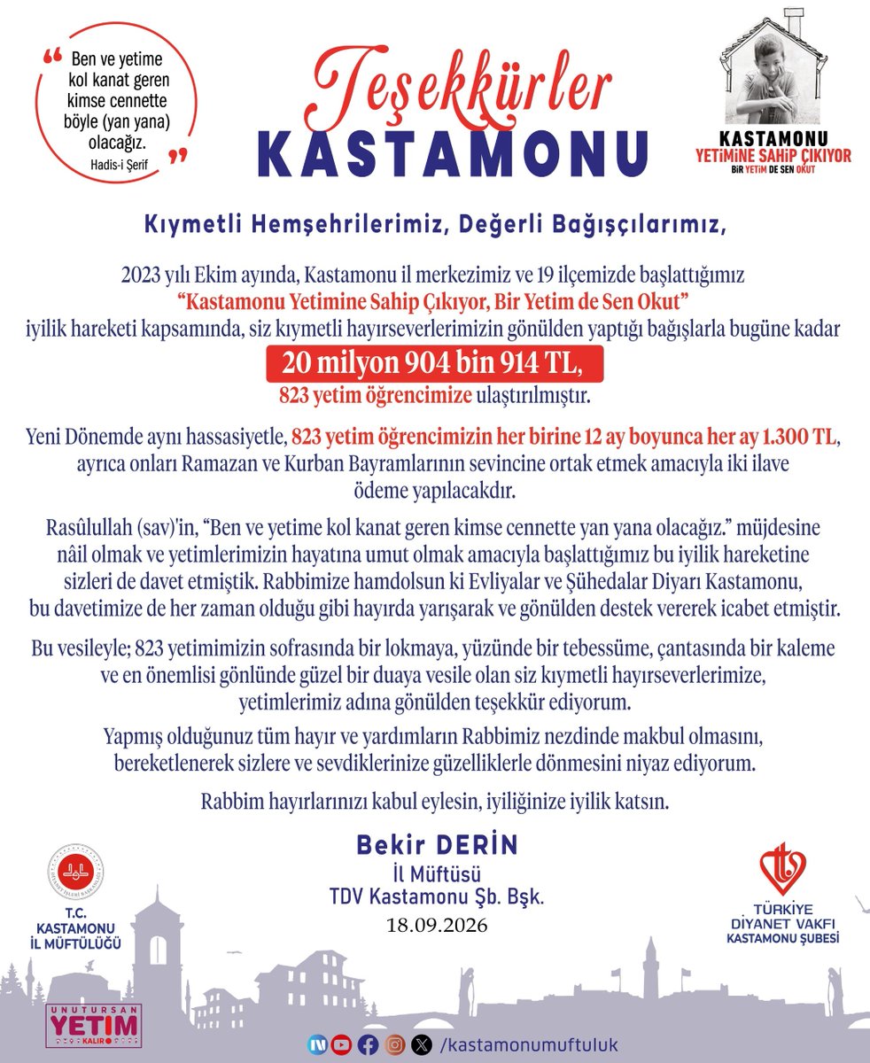 Muftuluk_37's tweet photo. Teşekkürler KASTAMONU

2023 yılı Ekim ayında, Kastamonu il merkezimiz ve 19 ilçemizde başlattığımız “Kastamonu Yetimine Sahip Çıkıyor, Bir Yetim de Sen Okut” iyilik hareketi kapsamında, siz kıymetli hayırseverlerimizin gönülden yaptığı bağışlarla https://t.co/r6kOcxNjbU