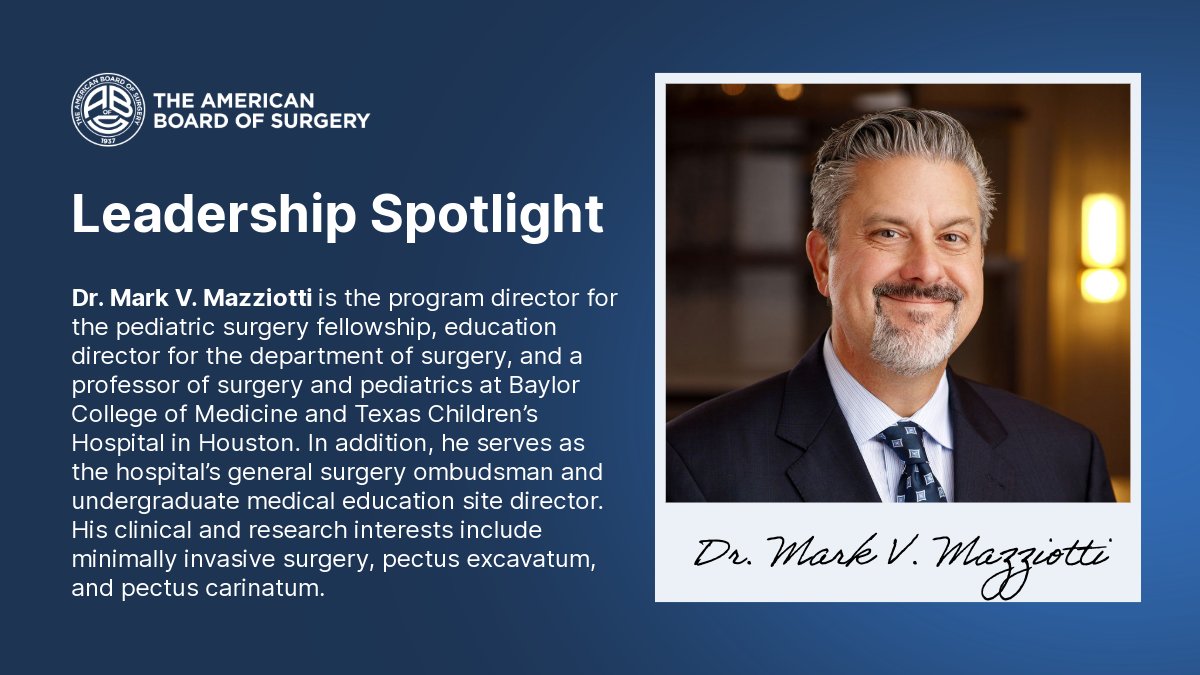 AmBdSurg's tweet photo. Meet Dr. Mark V. Mazziotti, a director of the Pediatric Surgery Board. Thank you, Dr. Mazziotti, for working with the ABS to maintain the highest standards of surgical care. https://t.co/AFjWFREr15