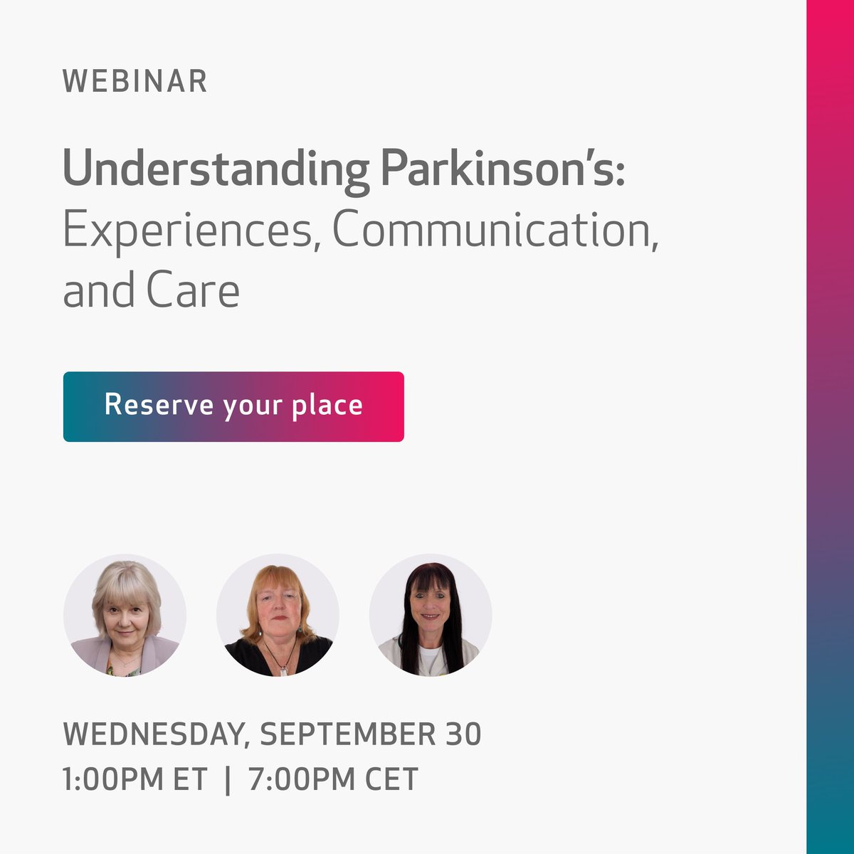 empatica's tweet photo. Living with Parkinson's involves realities not always visible to others. Join pharmacist Dr. Janine Barnes, exercise specialist Wendy Barnett, and OT Sarah Dunbar-Baker, with Empatica's Christy Cheung.

🗓 Sep 30 | 1 PM ET / 7 PM CET
🔗 Reserve your place: https://t.co/DZvNnDvRRs https://t.co/RmUvfL5Bu0