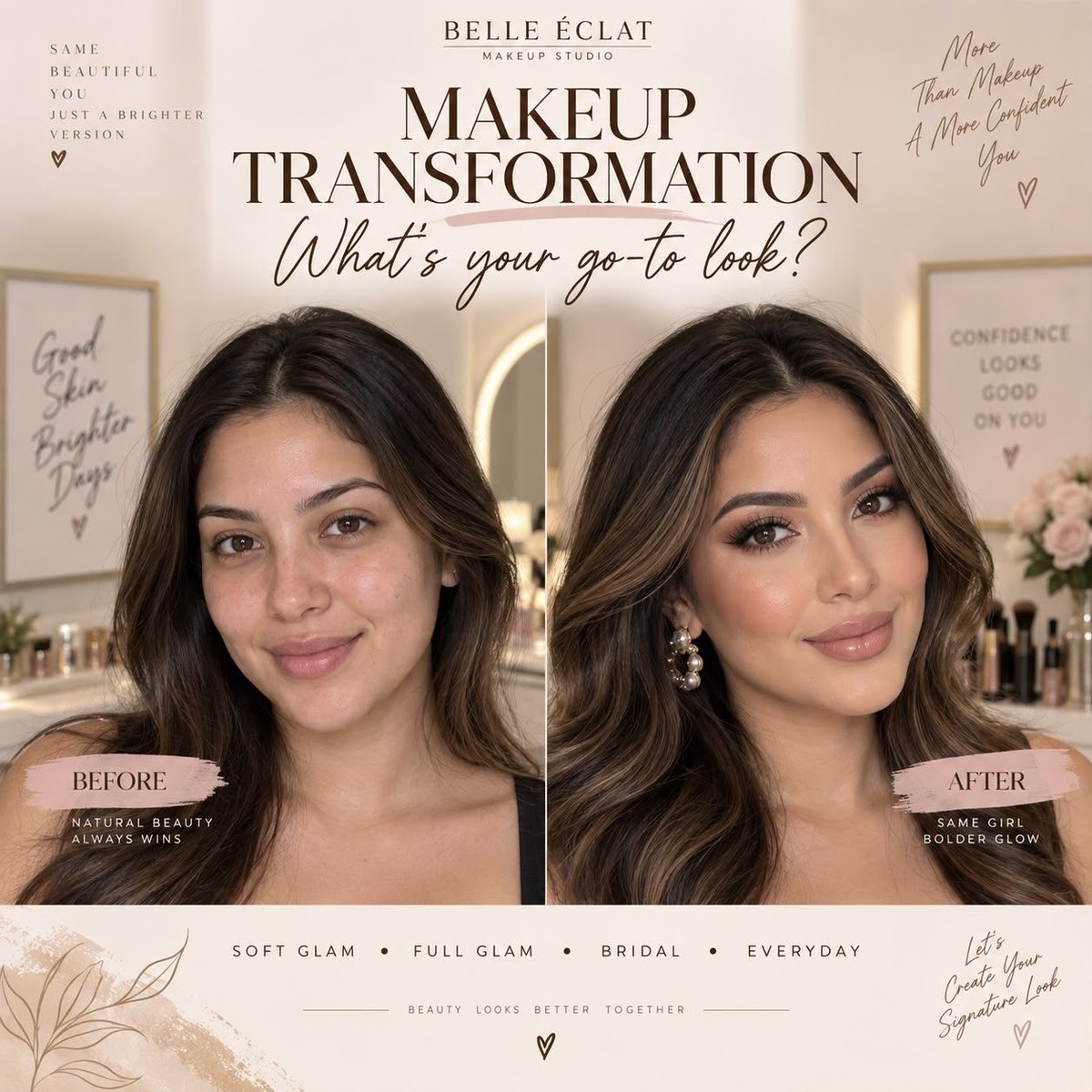 BKBGlamStudio's tweet photo. Makeup can completely change your mood. 💄 What is your go-to look when you want to feel extra confident?
 #MakeupTransformation #Confidence #Beauty https://t.co/u6ZeS8Uun5