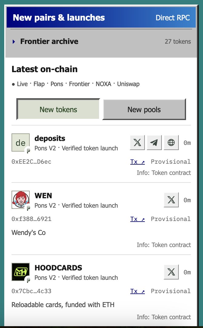 TrenchOS_RH's tweet photo. TrenchOS combines market analytics and on-chain launch tracking in one Robinhood Chain terminal.

The discovery panel uses direct RPC access to track new tokens and pools across Flap, Pons, Frontier, NOXA, and Uniswap. Contract addresses, transaction links, and provisional status labels provide context for inspecting each launch.

Market discovery with the underlying on-chain details within reach.

https://t.co/VGXFRa7vwO