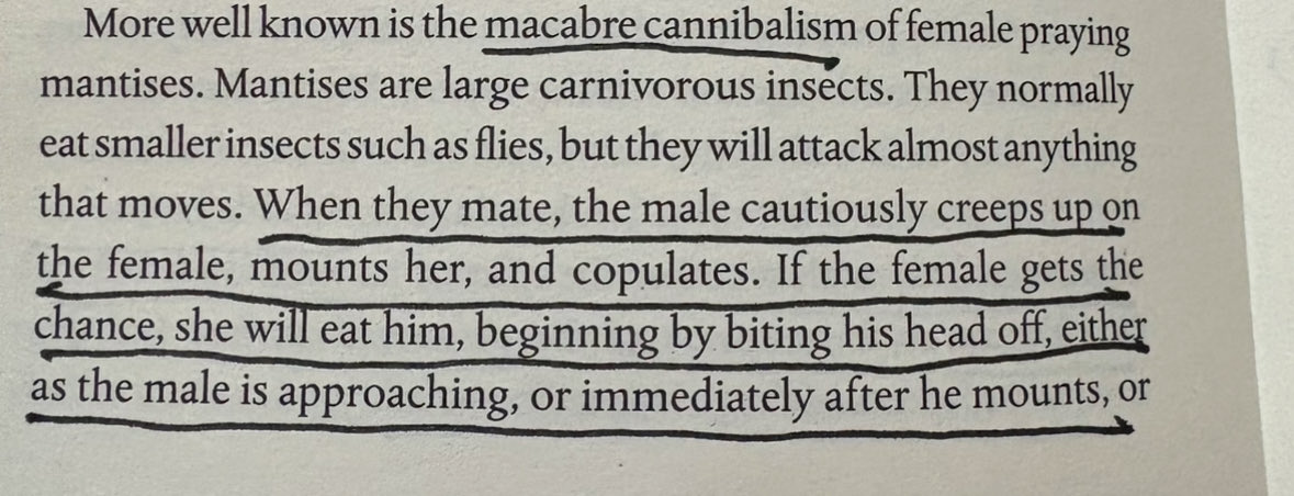 negiaman63's tweet photo. Planning to start a newsletter. Mostly interesting takeaways from books I've read.

Eg: Female praying mantises sometimes eat the male after mating... and he can still finish the job after losing his head.
Talk about commitment and toxic relationships.

From Selfish Gene by @RichardDawkins