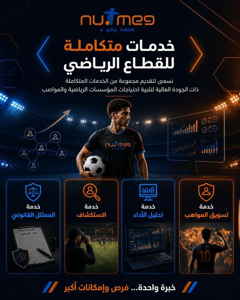 Nutmeg_eg's tweet photo. خدمات متكاملة للقطاع الرياضي بأسس علمية وقانونية 🏆⚽

نرافقك من اكتشاف الموهبة وتحليل الأداء، حتى التسويق وإدارة العقود الاحترافية.

⚡ خبرة واحدة... فرص وإمكانات أكبر!
📌 للتفاصيل والتسجيل: https://t.co/iRVgn4GTrY

#Nutmeg #FootballServices #كرة_القدم #استكشاف_مواهب https://t.co/c8t6oKI9Kk
