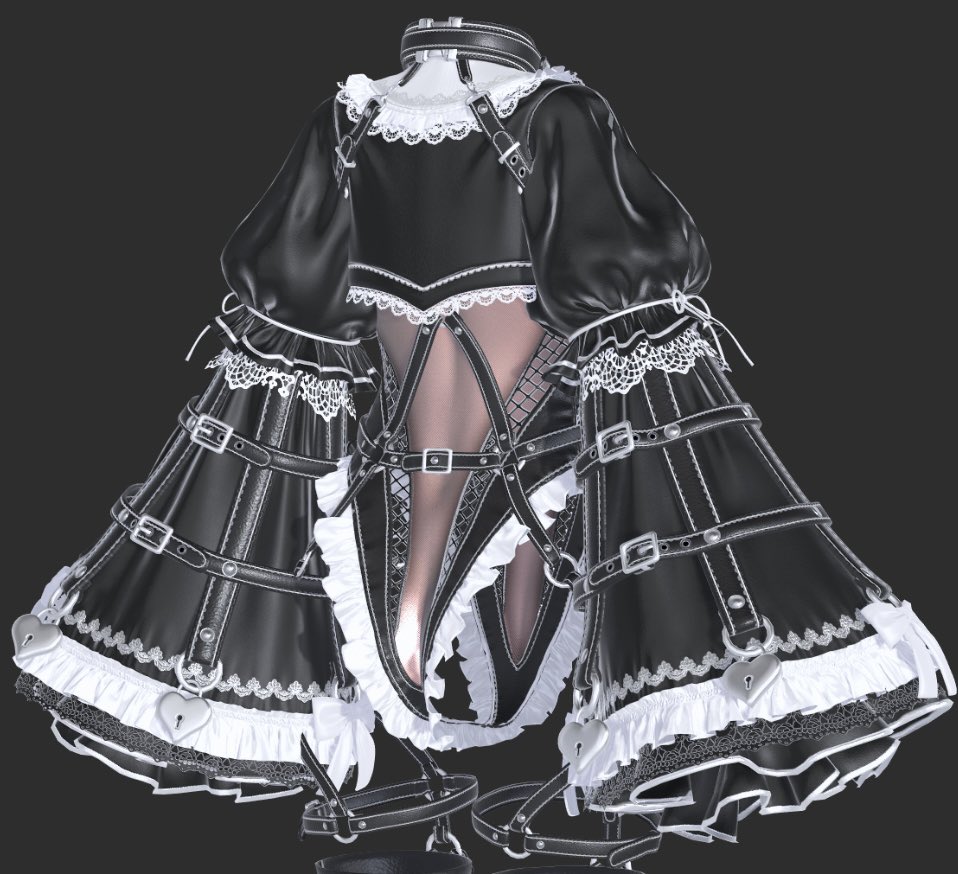 Umptemptation's tweet photo. 🖤 新作𝑾𝑰𝑷 ⛓️

──もっと甘く、もっと重たく。

可愛いだけじゃない、ちょっぴりえっちで退廃的なゴシック衣装✨
レースにリボン、たくさんのベルトとハートの鍵穴🔐
現在衣装に合うヘイローも制作中.ᐟ

気に入って頂けたらいいね＆RPで応援おねがいします🎶

#umptemptation #VRChat https://t.co/T4yzqGuNR3