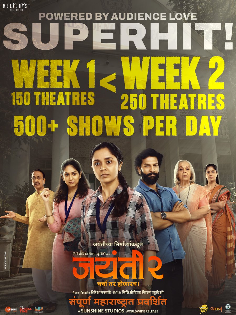 MarathiCineyug's tweet photo. SUPERHIT!❤️✨
Huge gratitude to every single viewer for this massive response!
#Jayanti2 #MarathiCinema #Jayanti2InCinemas
Cast: Ruturaj Wankhede, Priyadarshini Indalkar, Payal Jadhav, Rohini Hattangady, Devika Daftardar, Vijay Nikam, Rajkumar Jarange, Manasi Subhash https://t.co/rLxZIfL56g
