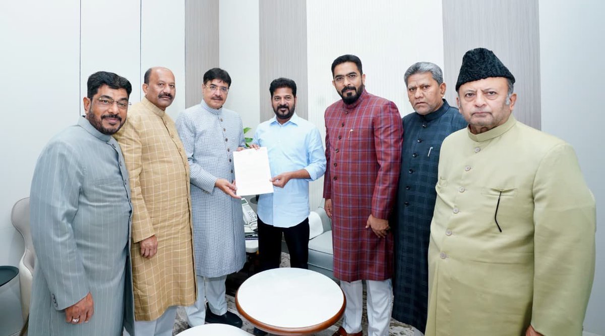 ANI's tweet photo. Hyderabad | AIMIM MLAs write to Telangana CM Revanth Reddy, requesting Protection of Waqf properties in Telangana, recovery of encroached lands and settlement of compensation dues. 

(Pic: AIMIM PRO) https://t.co/RlyKPjTYsa