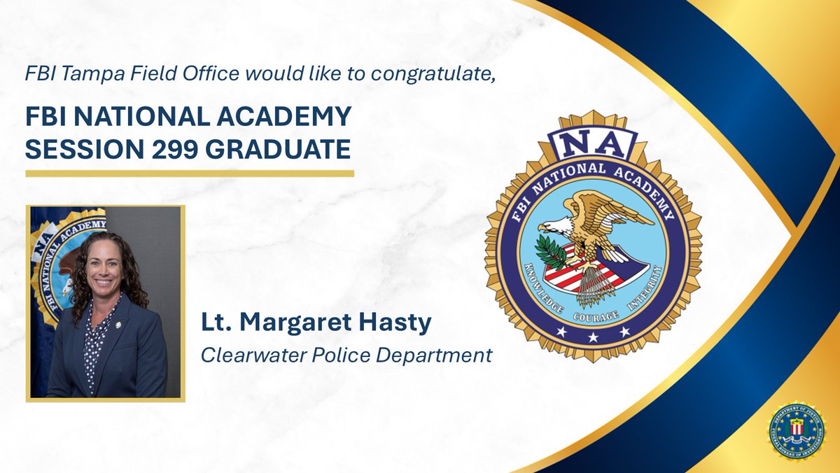 FBITampa's tweet photo. #FBI Tampa congratulates our law enforcement partners on their graduation from the National Academy- Session 299. Thank you for strengthening the partnership and commitment to building safer communities. https://t.co/9sDHXJZPHm