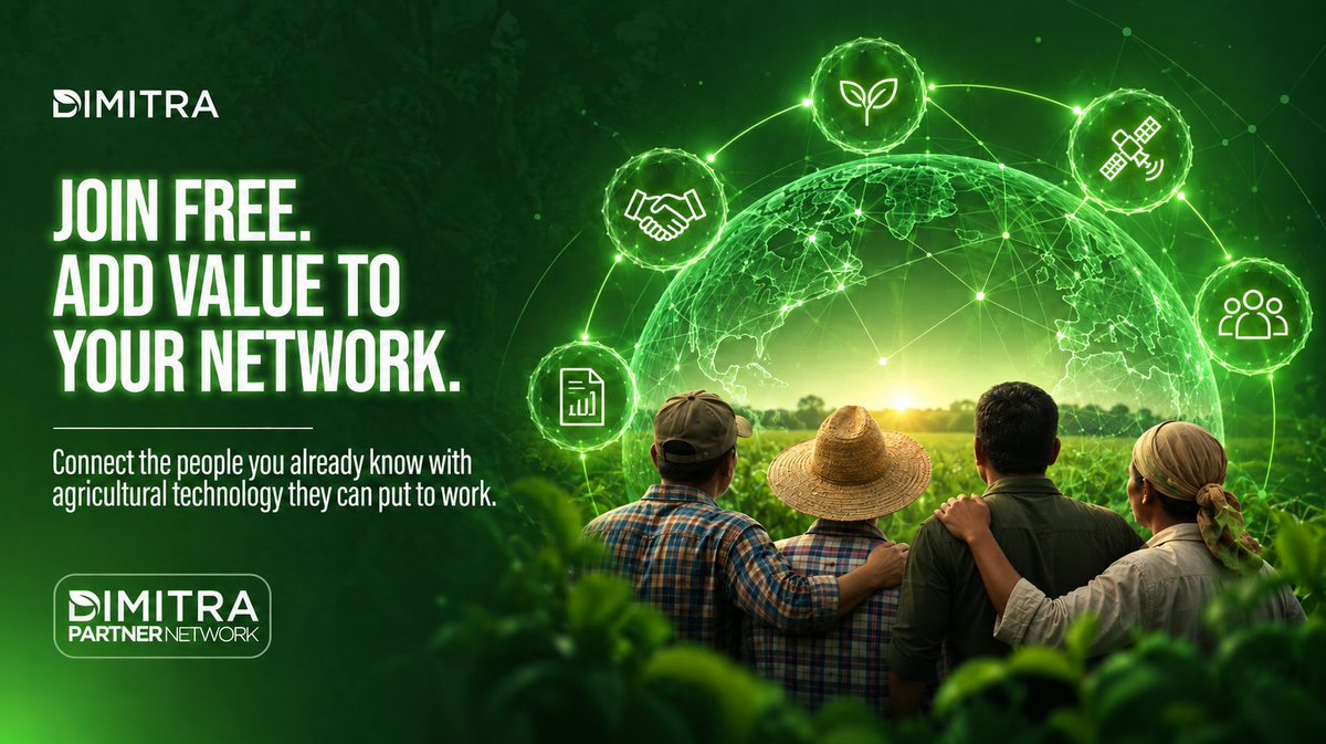 dimitratech's tweet photo. Your agricultural network already has value.

The Dimitra Partner Network gives you a way to add more by connecting farmers, cooperatives, exporters, and agricultural organizations with technology they can actually use.

As a Referral Partner, you make the introduction. Dimitra supports the opportunity from there.

Join free and bring more value to the network you already know.

https://t.co/WhELPvX3VX

#AgTech #DigitalAgriculture #ConnectedFarmer #DimitraPartnerNetwork #Agribusiness #AgriculturalTechnology