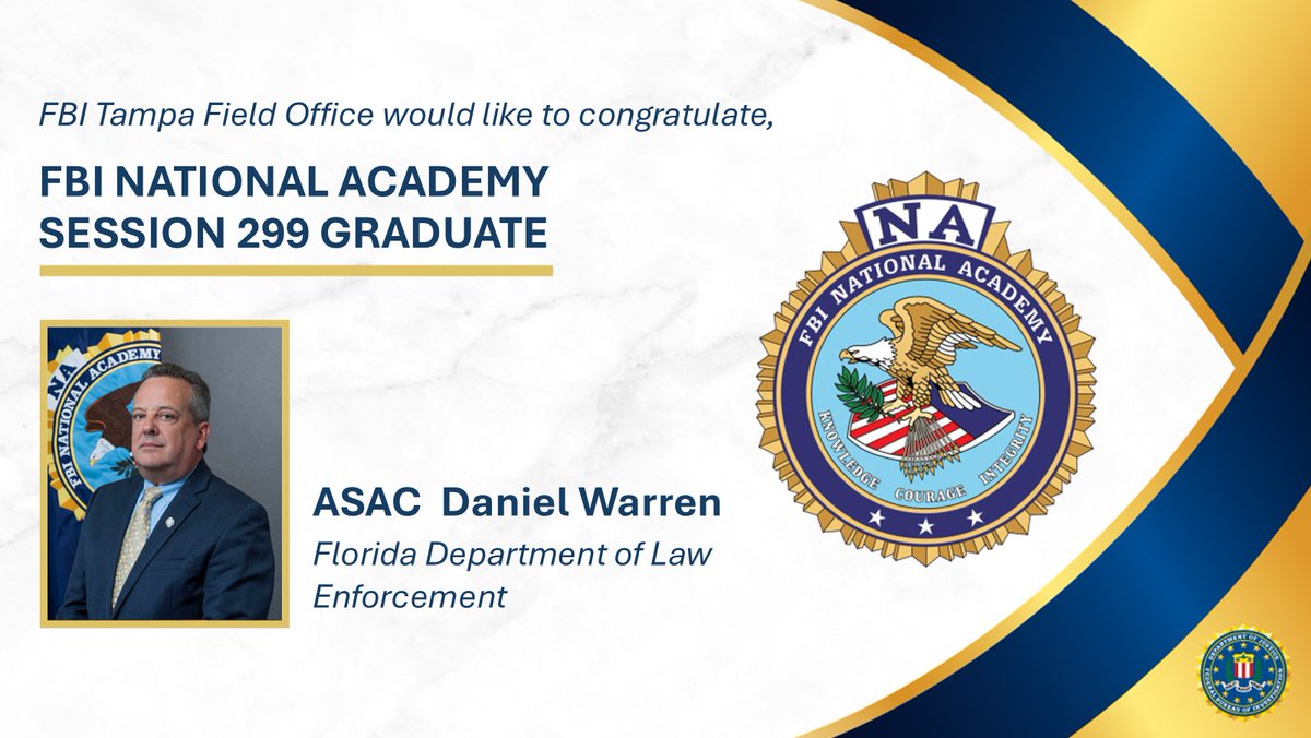 FBITampa's tweet photo. #FBI Tampa congratulates our law enforcement partners on their graduation from the National Academy- Session 299. Thank you for strengthening the partnership and commitment to building safer communities. https://t.co/hOtT9kFg33