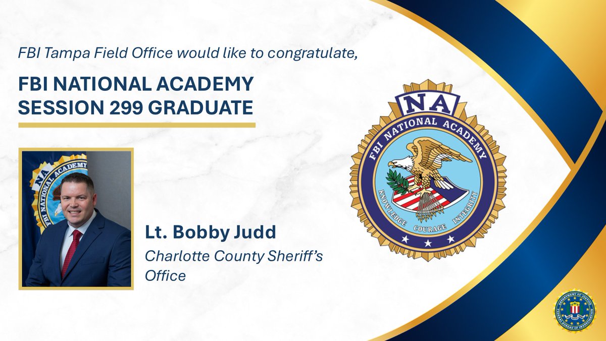 FBITampa's tweet photo. #FBI Tampa congratulates our law enforcement partners on their graduation from the National Academy- Session 299. Thank you for strengthening the partnership and commitment to building safer communities. https://t.co/hOtT9kFg33