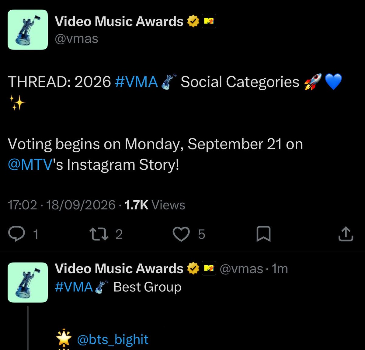 tksovers's tweet photo. BTS is nominated for "Best Group" at this year's VMAs — Voting will begin on Monday

Get ready ARMY, we are taking this award 💪 https://t.co/CB5VBRZAMv