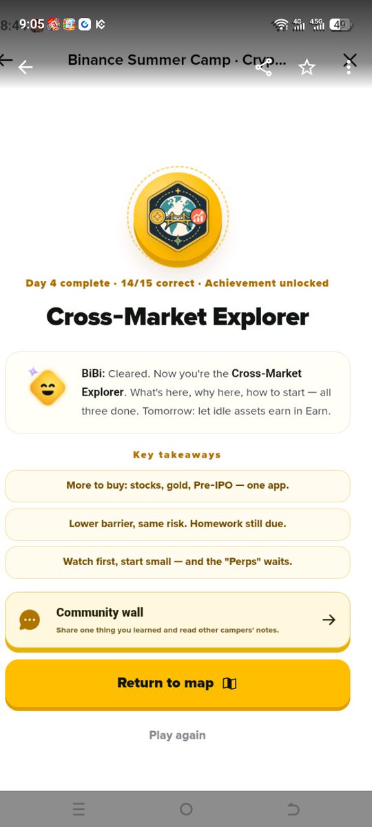NOORj7ka's tweet photo. @BinanceAngels 🎉 Day 4 successfully completed!

Cross-Market Explorer unlocked.
Your completion record is saved.

One thing to remember from Day 4:

> Binance brings crypto, stocks, bStocks, commodities, and Pre-IPO products into one account.#BinanceSummerCamp https://t.co/BzKQ8l8uoi