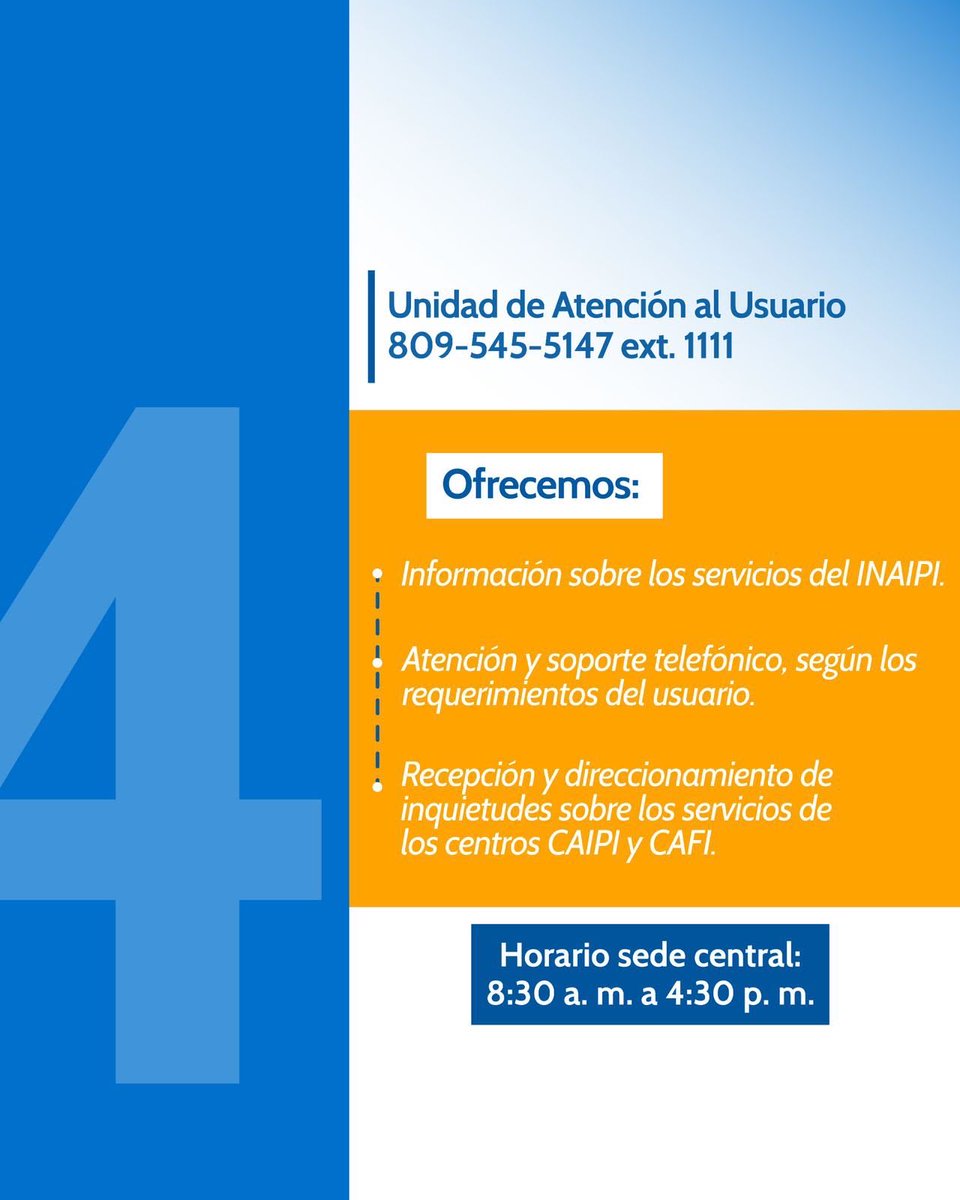 INAIPIRD's tweet photo. ¡Conoce todo lo que el #INAIPIRD tiene para ofrecer ! 

Brindamos servicios integrales de calidad a niños y niñas de 0 a 5 años y acompañamiento a sus familiares con atención, orientación y apoyo a través de nuestros centros CAIPI Y CAFI.#PrimeraInfanciaRD https://t.co/Xm4hICyuuJ