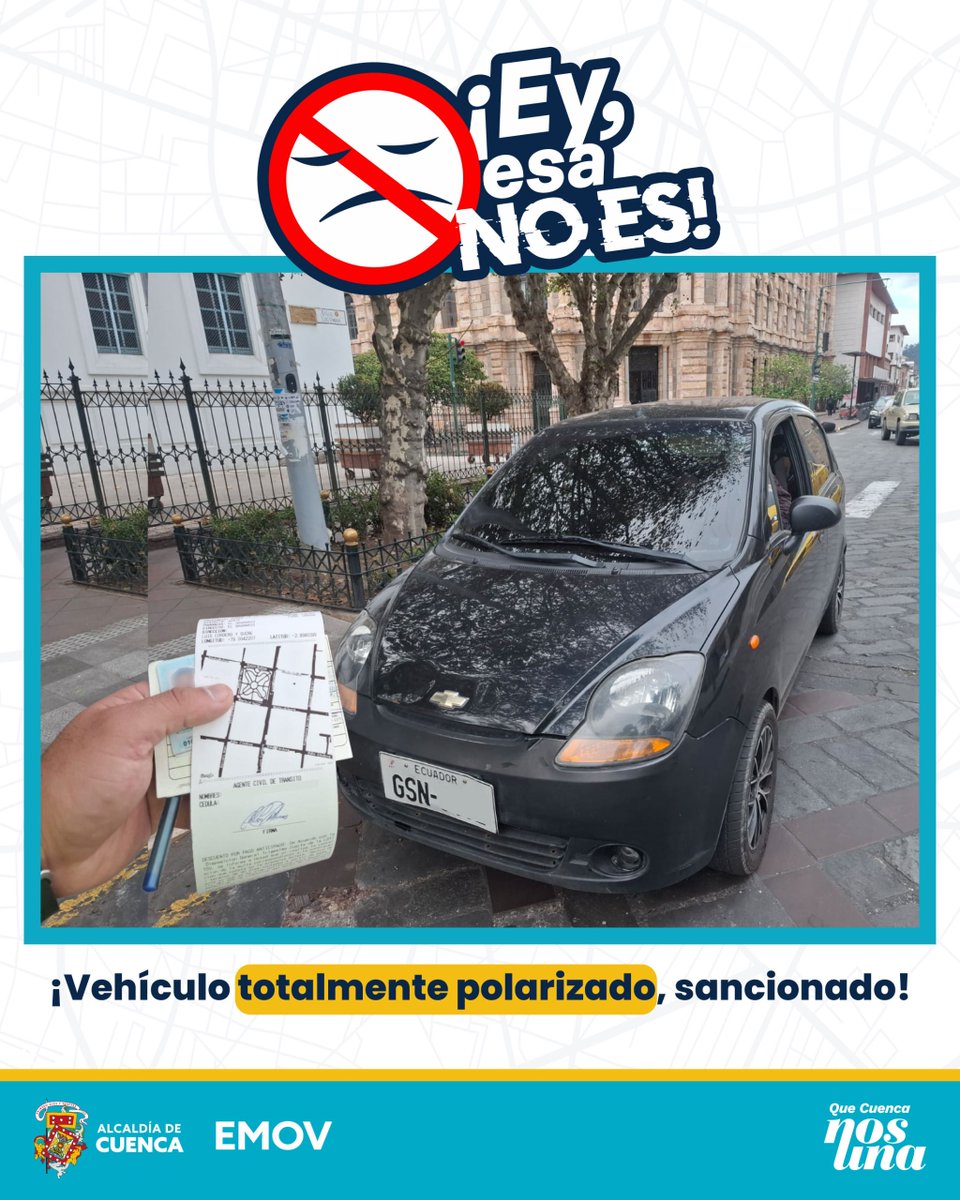 emov_ep's tweet photo. 🚨 #EMOVInforma
Un vehículo con todos sus vidrios polarizados fue sancionado por la EMOV EP en el Centro Histórico de Cuenca.
#EMOVContigo
@MarisolPenaloz2
@AlcaldiaCuenca1 https://t.co/QuJBGaXw98