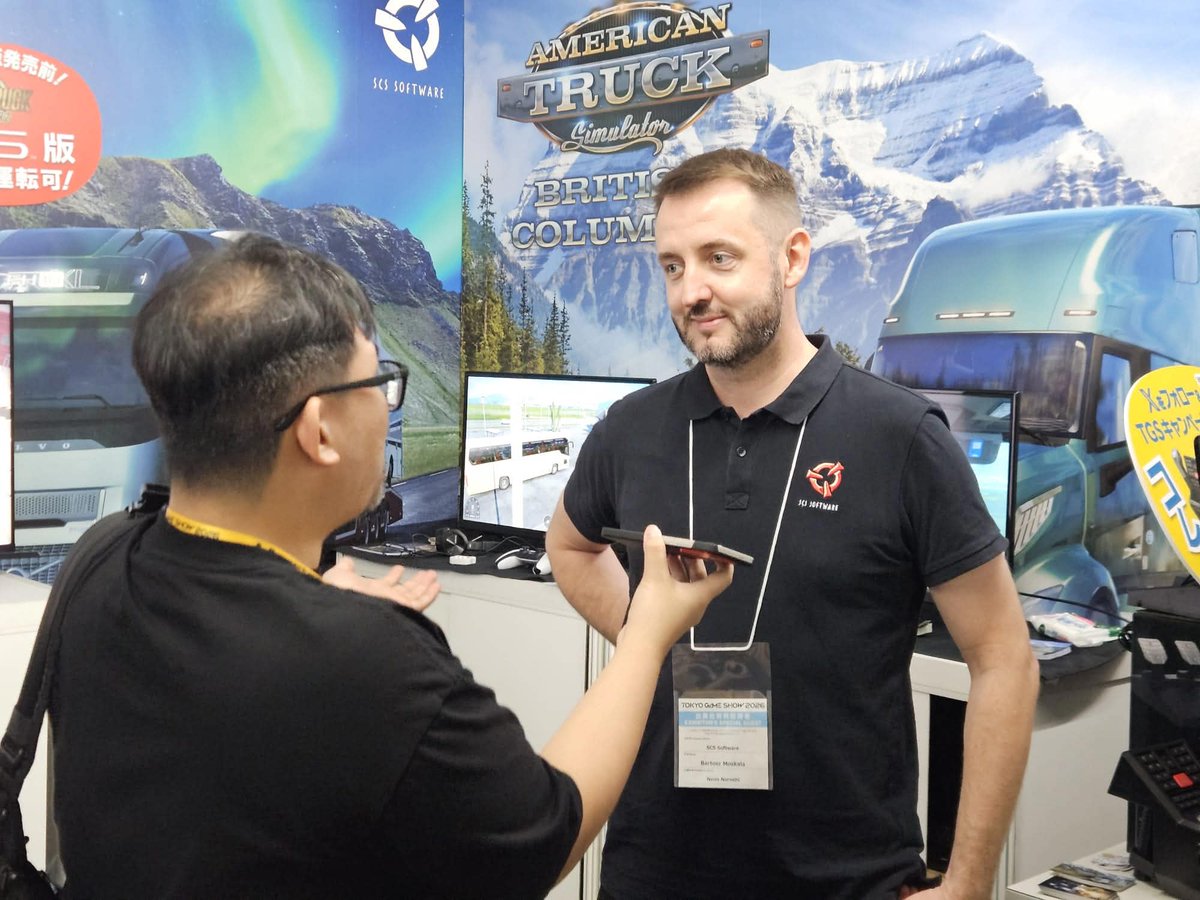 SCSsoftware's tweet photo. We're at @tokyo_game_show for the very first time! 🙌🇯🇵

Thank you to everyone who stopped by during the Media Days to chat with us &amp; try our Truck Sim titles &amp; upcoming DLCs! 🎮

Public Days begin tomorrow! Find us in Hall 09, Booth E86 🚛 Follow @SCSsoftware_JP for updates! https://t.co/K5oGkeeBRV