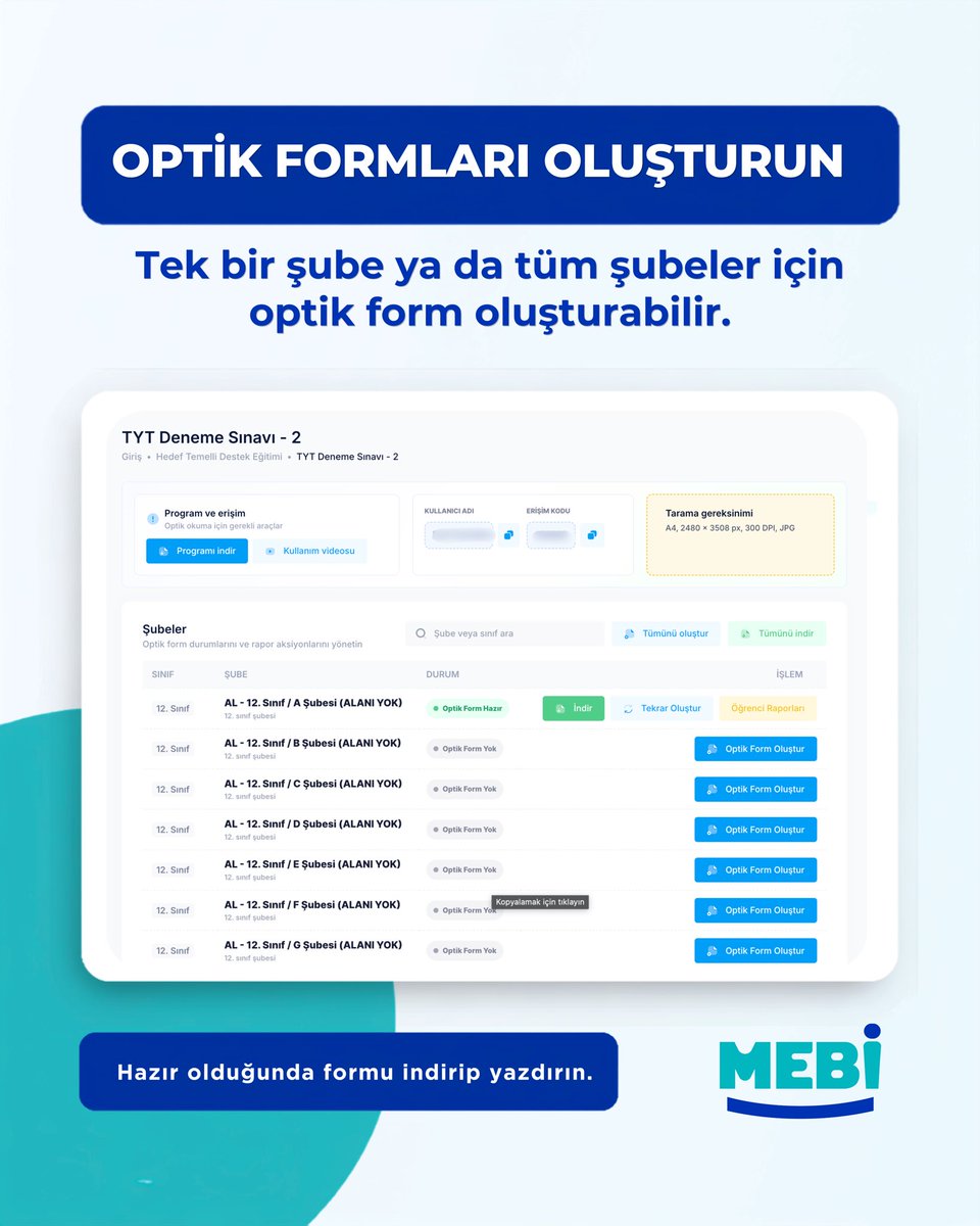 meb_mebi's tweet photo. MEBİ deneme sınavlarında optik form süreci nasıl ilerliyor❓

Sınavı seç, optik formları oluştur, MEBİ Optik ile okut, verileri gönder ve öğrenci raporlarına ulaş!🔅

Okul yöneticileri için tüm adımlar bu gönderide. Kaydır, süreci takip et! ➡️

🌐 https://t.co/scZawokAwo https://t.co/kw3JdnXsfY
